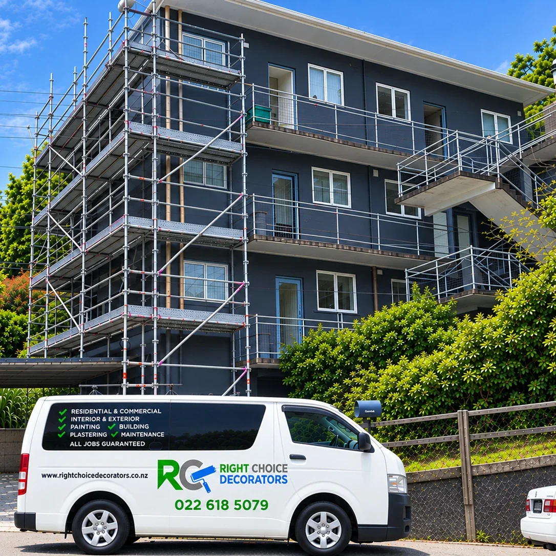 Right Choice Decorators painting project with scaffolding in Wellington
