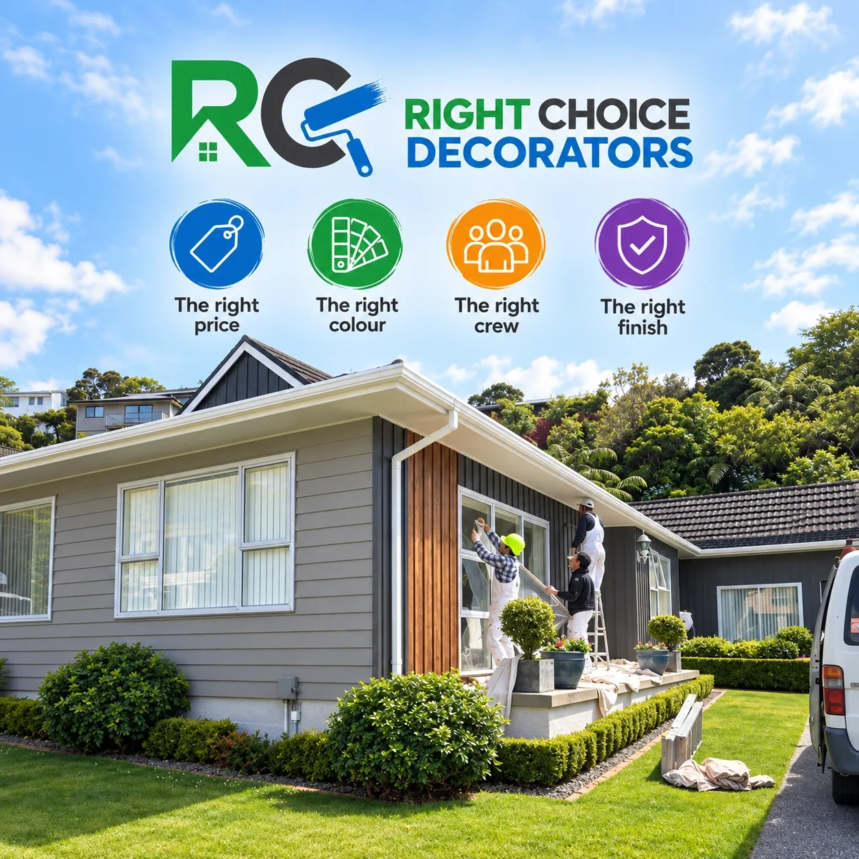 Right Choice Decorators painting team and service values in Wellington
